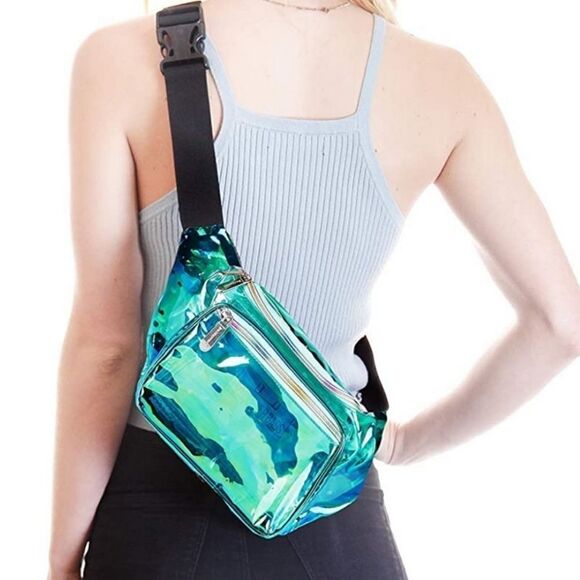 SOJOURNER BAGS • Holographic Rave Funny Pack/ Waist Bag- Aqua Transparent - Picture 1 of 9